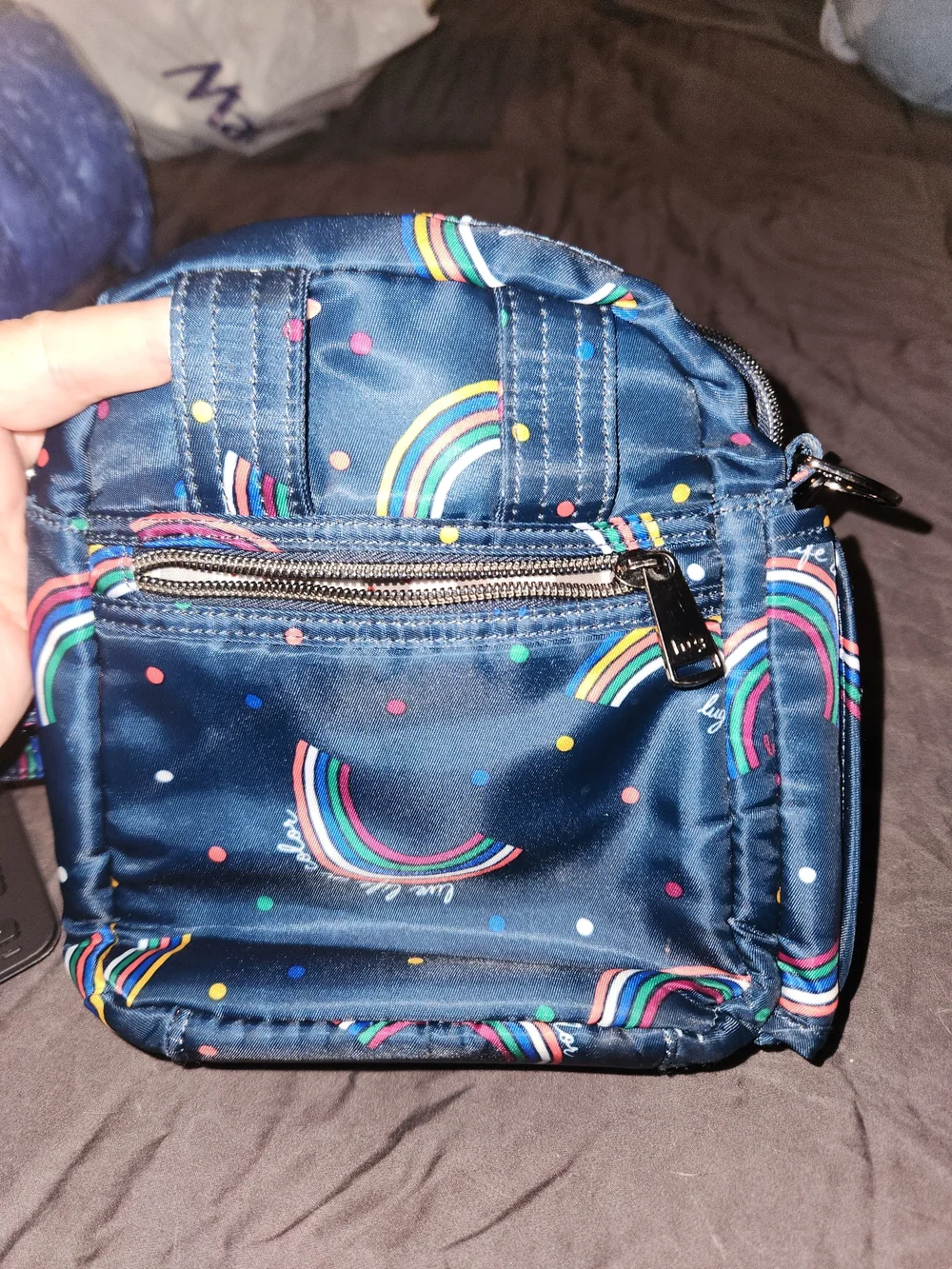 lug Can Can Navy Quilted Crossbody Bag with Rainbow Print